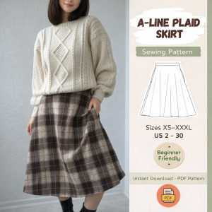 Woman wearing brown A-line plaid skirt with cream cable knit sweater, beginner friendly A-Line Plaid Skirt Sewing Pattern PDF sizes XS-XXXL