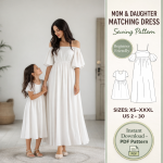 Mom and daughter matching dress sewing pattern featuring white off-shoulder maxi dresses in sizes XS-XXXL beginner friendly PDF download