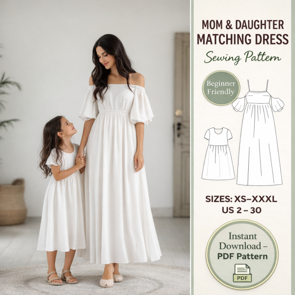 Mom and daughter matching dress sewing pattern featuring white off-shoulder maxi dresses in sizes XS-XXXL beginner friendly PDF download