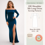 Woman wearing elegant teal off-shoulder slit long dress with PDF sewing pattern diagram showing sizes XS-XXXL