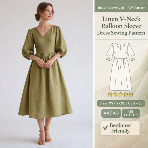 Woman wearing olive green linen V-neck balloon sleeve dress sewing pattern with midi skirt and gathered waist, beginner friendly PDF