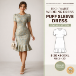 High waist wedding dress puff sleeve dress sewing pattern featuring elegant floral brocade design with ruffled hem sizes XS-XXXL