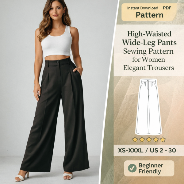 Woman wearing black high-waisted wide-leg pants sewing pattern for women elegant trousers with white crop top PDF download XS-XXXL