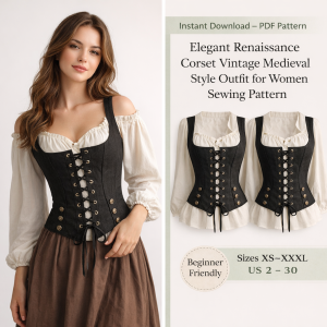 Woman wearing black lace-up Elegant Renaissance Corset Vintage Medieval Style Outfit for Women Sewing Pattern with cream peasant blouse