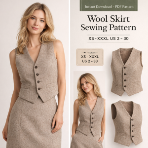 Woman wearing beige wool vest and matching skirt set, wool skirt sewing pattern PDF download available in sizes XS-XXXL