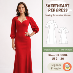 Sweetheart red dress sewing pattern for women with puff sleeves, sizes XS-XXXL, beginner friendly PDF download