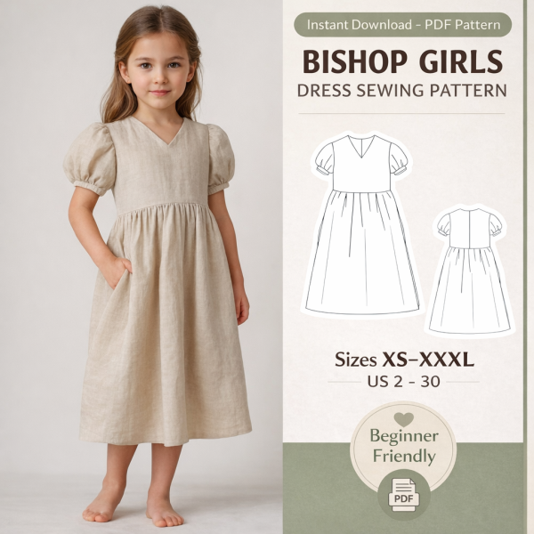 Young girl wearing beige linen bishop dress with puff sleeves and pockets, Bishop Girls Dress Sewing Pattern PDF download sizes XS-XXXL