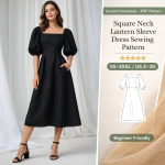 Woman wearing elegant black Square Neck Lantern Sleeve Dress with pockets and midi length, beginner-friendly PDF sewing pattern XS-XXXL