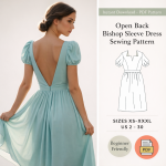 Woman wearing mint green open back bishop sleeve dress sewing pattern with flowing skirt and puff sleeves sizes XS-XXXL