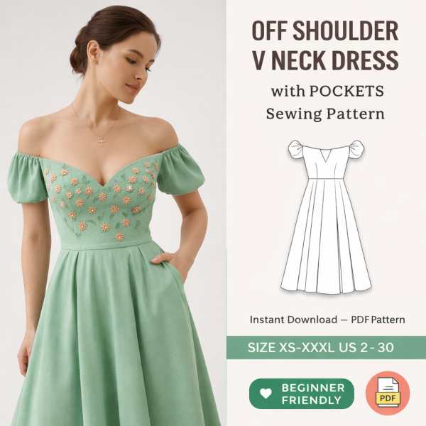 Woman wearing green floral embroidered off shoulder V neck dress with pockets sewing pattern PDF instant download sizes XS-XXXL