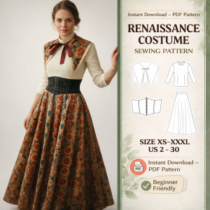 Renaissance costume sewing pattern featuring woman in floral skirt, corset, and cream blouse with pattern diagrams, sizes XS-XXXL