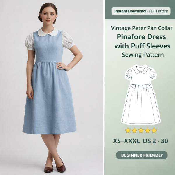 Woman wearing light blue vintage Peter Pan collar pinafore dress with white puff sleeves sewing pattern preview XS-XXXL
