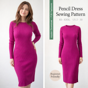 Magenta ribbed pencil dress sewing pattern for beginners shown on model with long sleeves sizes XS to XXXL