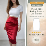 Woman wearing red satin high waisted pencil skirt with white crop top showcasing pencil skirt sewing pattern for women formal style