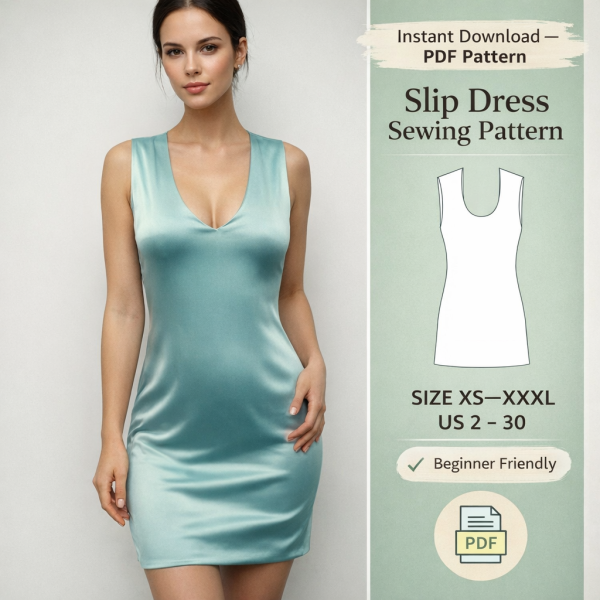 Woman wearing teal satin mini dress with V-neckline next to beginner-friendly slip dress sewing pattern PDF sizes XS to XXXL