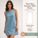 Woman wearing light blue sleeveless summer shift dress sewing pattern result with PDF pattern sketch sizes XS-XXXL beginner friendly