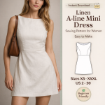 Woman wearing beige linen A-line mini dress sewing pattern for women easy to make with technical sketch sizes XS-XXXL