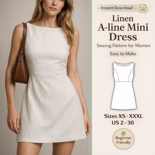 Woman wearing beige linen A-line mini dress sewing pattern for women easy to make with technical sketch sizes XS-XXXL