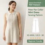 Woman wearing beige sleeveless Peter Pan collar mini dress sewing pattern result with button front detail sizes XS-XXXL