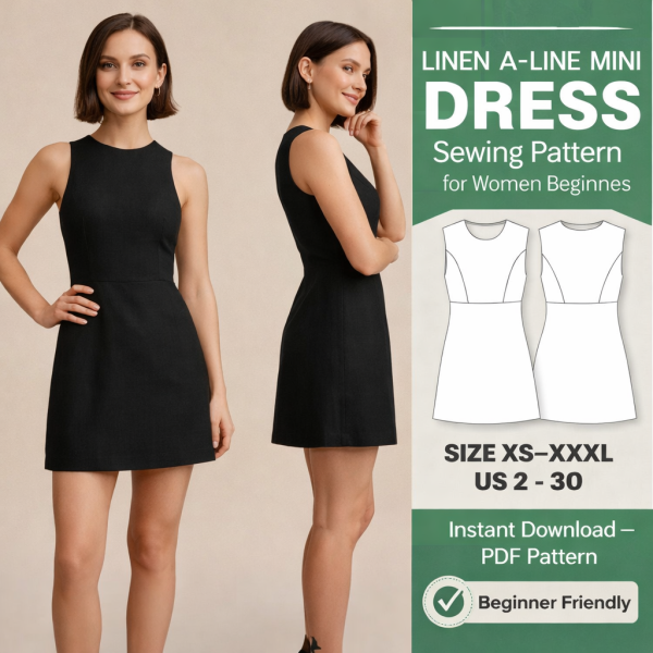 Woman modeling black linen A-line mini dress sewing pattern for women beginners friendly with size XS-XXXL PDF download