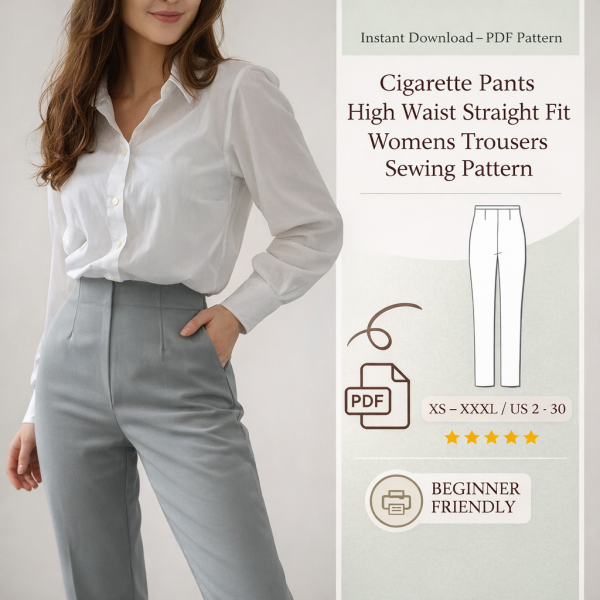 Woman wearing gray cigarette pants high waist straight fit womens trousers with white blouse, PDF sewing pattern XS-XXXL