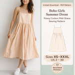 Boho Girls Summer Dress Flowy Cotton Midi Dress Sewing Pattern in beige with spaghetti straps, beginner friendly PDF