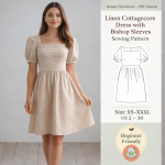 Woman wearing beige Linen Cottagecore Dress with Bishop Sleeves Sewing Pattern featuring square neckline and gathered skirt