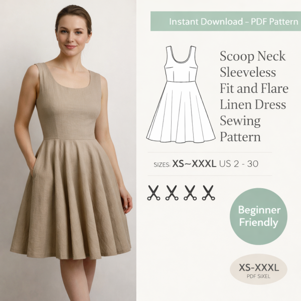 Woman wearing beige scoop neck sleeveless fit and flare linen dress sewing pattern, beginner friendly PDF sizes XS to XXXL