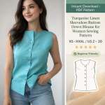 Woman wearing turquoise linen sleeveless button down blouse with jeans, shown with PDF sewing pattern diagram sizes XS-XXXL