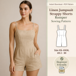 Woman wearing beige linen jumpsuit strappy shorts romper sewing pattern, beginner friendly PDF download sizes XS-XXXL