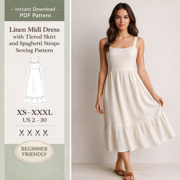 Woman wearing cream linen midi dress with tiered skirt and spaghetti straps sewing pattern, beginner friendly PDF sizes XS-XXXL