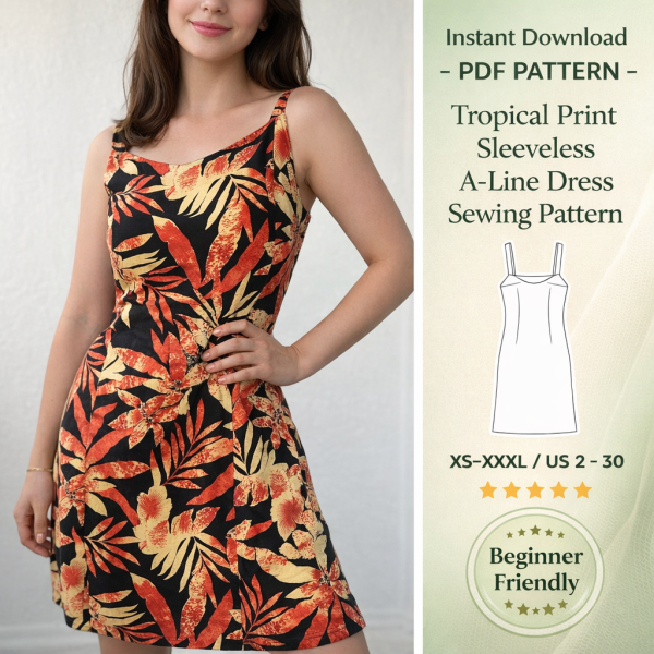 Woman wearing black dress with orange and yellow tropical print sleeveless A-line dress sewing pattern PDF download sizes XS-XXXL