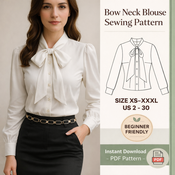 Woman wearing elegant white bow neck blouse with puff sleeves and black skirt showcasing beginner friendly bow neck blouse sewing pattern