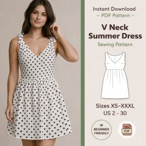 Woman wearing white polka dot V neck summer dress sewing pattern with tie shoulders, beginner friendly PDF sizes XS-XXXL