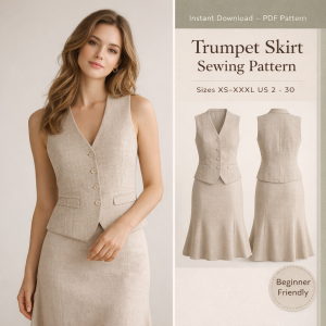 Woman wearing beige linen vest and trumpet skirt sewing pattern PDF download in sizes XS to XXXL beginner friendly