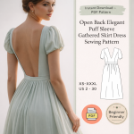 Open Back Elegant Puff Sleeve Gathered Skirt Dress Sewing Pattern in sage green with PDF download sizes XS to XXXL