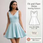 Woman wearing light blue V-neck fit and flare dress sewing pattern PDF download in sizes XS-XXXL beginner friendly