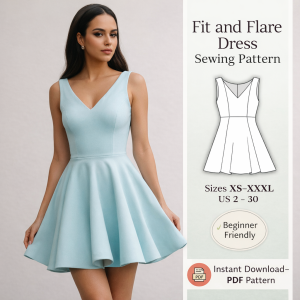 Woman wearing light blue V-neck fit and flare dress sewing pattern PDF download in sizes XS-XXXL beginner friendly