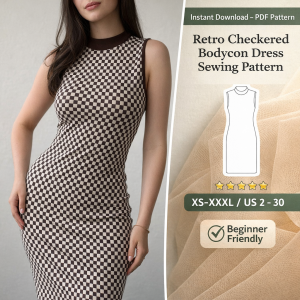 Woman wearing brown and white retro checkered bodycon dress sewing pattern with contrast neckline, beginner friendly PDF sizes XS-XXXL