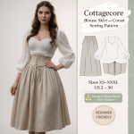 Woman wearing white puff sleeve blouse with beige lace-up corset and gathered skirt from Cottagecore Blouse Skirt and Corset Sewing Pattern
