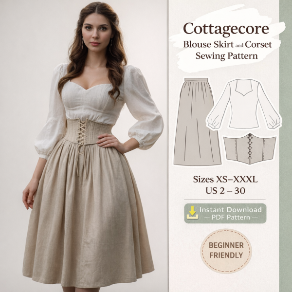 Woman wearing white puff sleeve blouse with beige lace-up corset and gathered skirt from Cottagecore Blouse Skirt and Corset Sewing Pattern