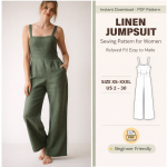 Woman wearing olive green linen jumpsuit sewing pattern for women relaxed fit easy to make with wide legs and pockets