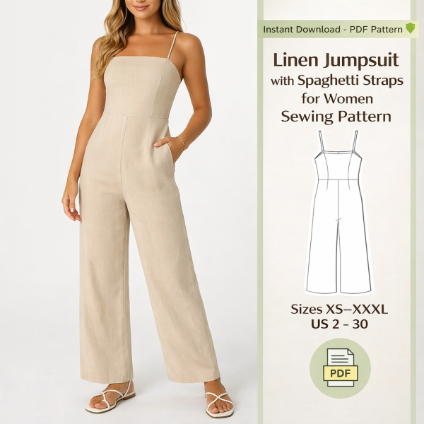 Woman wearing beige linen jumpsuit with spaghetti straps for women sewing pattern PDF download sizes XS to XXXL