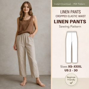 Woman wearing beige linen pants cropped elastic waist sewing pattern result with brown tank top, beginner friendly PDF download