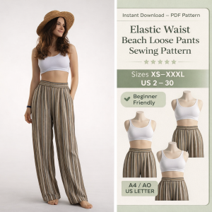 Woman wearing striped elastic waist beach loose pants sewing pattern in olive and tan with white crop top and straw hat