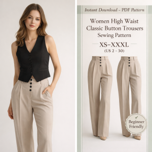 Women High Waist Classic Button Trousers Sewing Pattern in beige with black buttons, beginner friendly PDF sizes XS-XXXL
