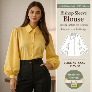 Woman wearing yellow bishop sleeve blouse sewing pattern for women elegant loose fit design with black trousers PDF download