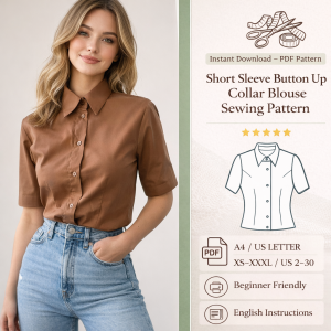 Woman wearing brown short sleeve button up collar blouse with jeans, showcasing beginner-friendly PDF sewing pattern