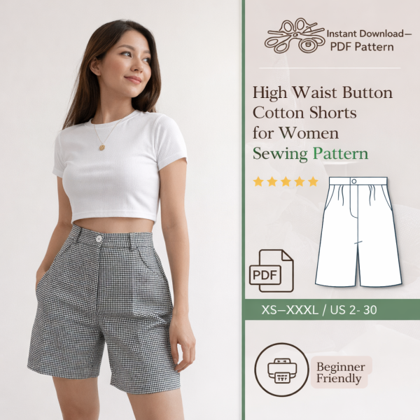 Woman wearing black and white gingham high waist button cotton shorts for women sewing pattern with white crop top