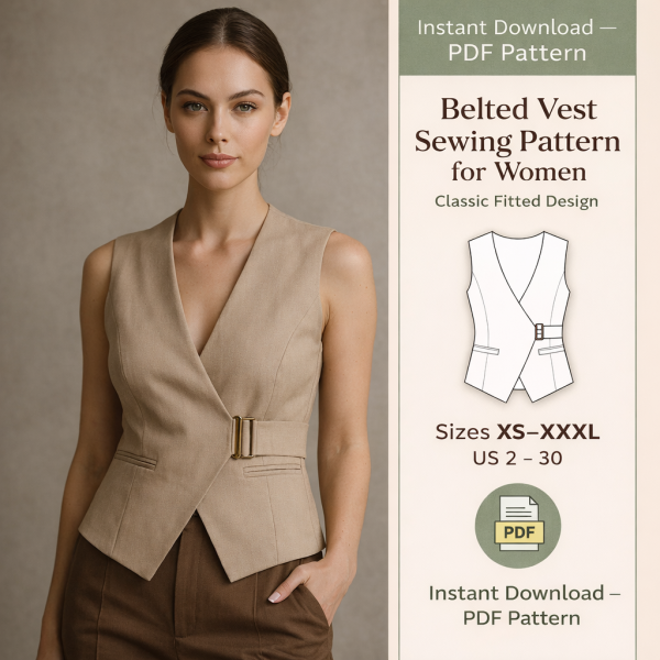 Woman wearing beige belted vest sewing pattern for women classic fitted design with gold buckle and brown trousers